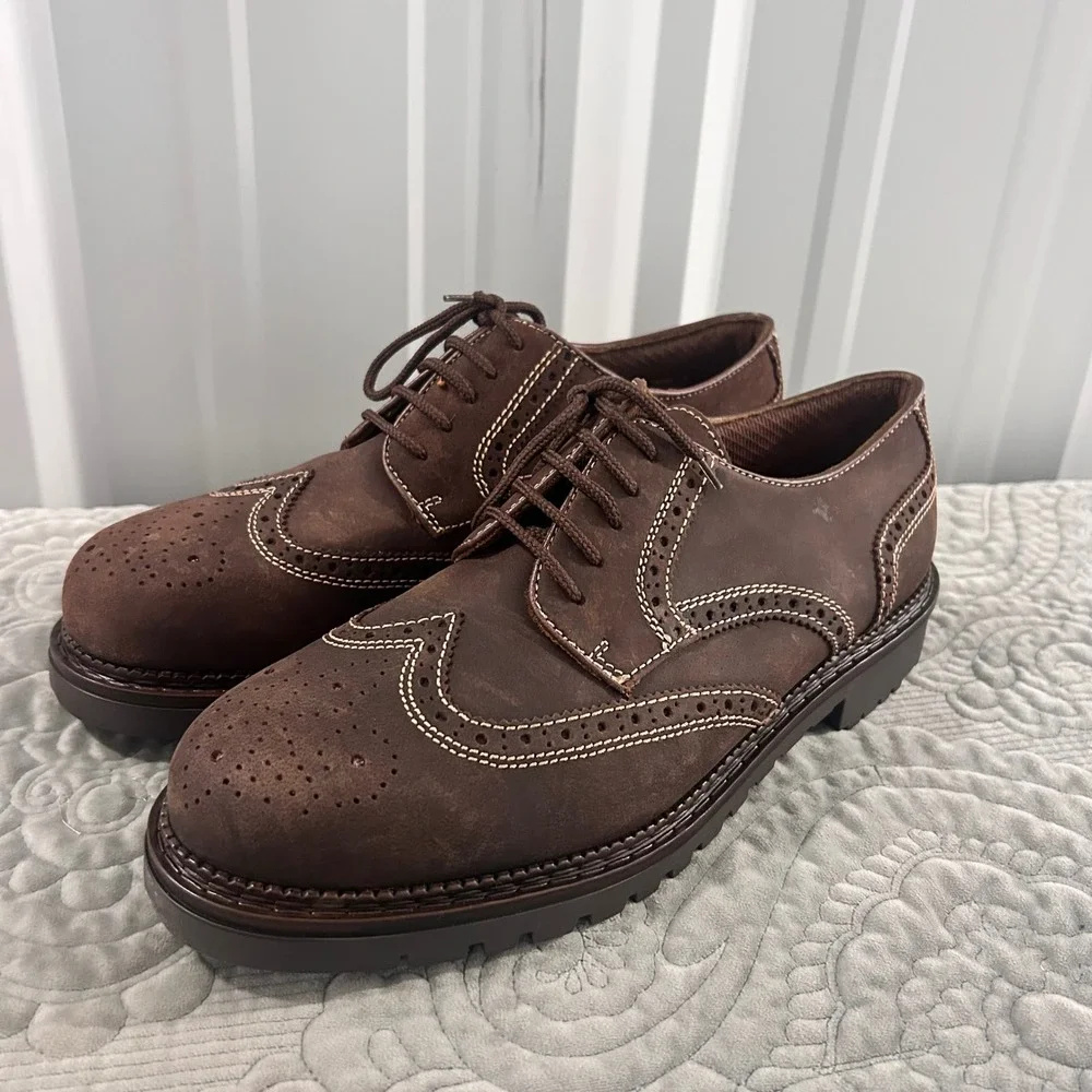 Arizona Mens Brown Wingtip Brogue Lug Sole Oxford Shoes Contrast Stitch Sz 12